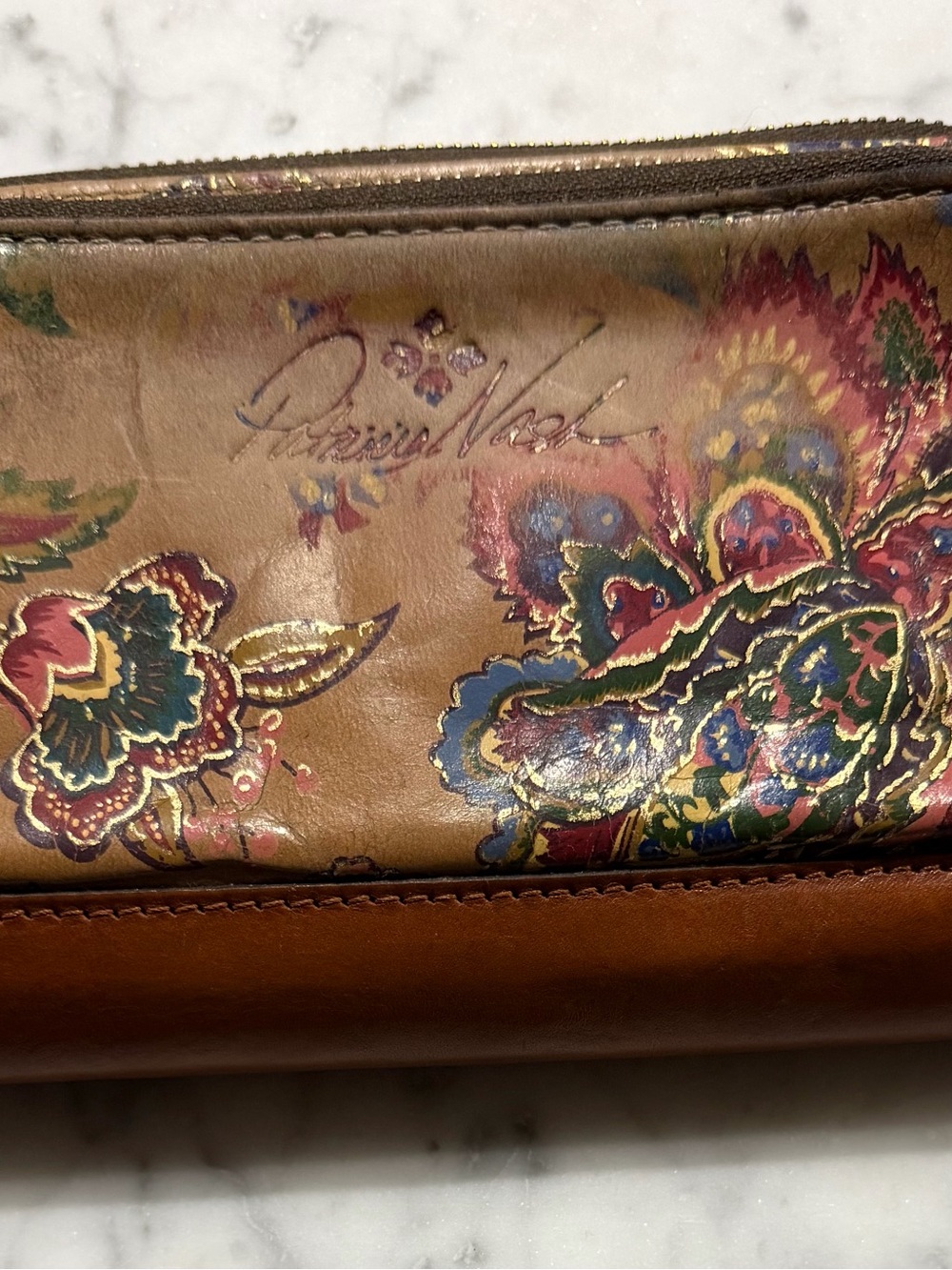 Patricia Nash Tan Floral-Print Leather Wallet with Multicolor Accents